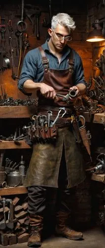 Half-elf Artificer, male, muscular, pointed ears, short white hair, goggles on forehead, leather apron, tool belt around waist, holding a wrench, standing in front of a wooden workbench, cluttered wit