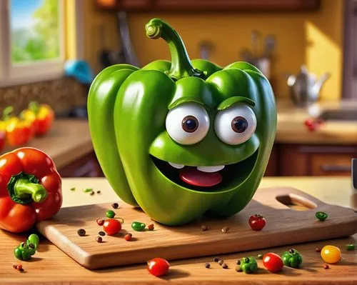 Cartoon-style, googly eyes, excited facial expression, shiny bright green bell peppers, solo, vibrant colorful background, kitchen counter, wooden cutting board, scattered pepper seeds, few cherry tom