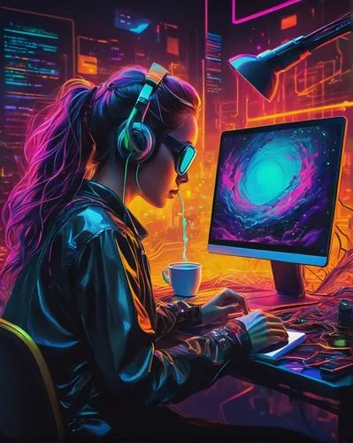 girl at the computer,cyberpunk,computer addiction,computer,computer room,computer art,computer game,galaxy,world digital painting,80s,music background,cyber,cyberspace,neon coffee,computer workstation,computer freak,sci fiction illustration,working space,space art,dj,Photography,Black and white photography,Black and White Photography 11