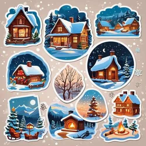 Craft festive Christmas scenes with snow-covered landscapes, twinkling lights, and cozy fireplaces. Design a warm ambiance for a traditional and joyful celebration.,christmas stickers,christmas icons,