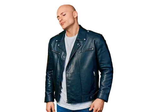 Bald man, kiss, romantic, 30yo, muscular arms, tattoo on neck, silver earring, black leather jacket, white shirt, dark blue jeans, sneakers, gentle facial expression, eyes closed, soft lips, tender mo