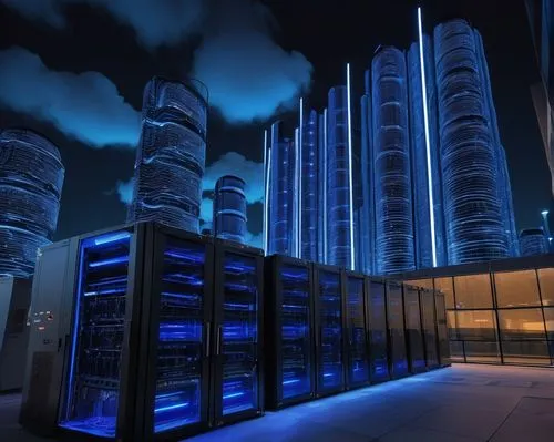 Cloud computing, AWS architecture, modern data center, futuristic cityscape, skyscraper, urban landscape, nighttime, neon lights, sleek lines, metallic texture, glass and steel materials, server racks