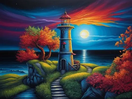 lighthouses,lighthouse,light house,red lighthouse,electric lighthouse,sea landscape,coastal landscape,phare,petit minou lighthouse,art painting,autumn landscape,motif,fantasy picture,fantasy art,seascape,landscape background,night scene,maiden's tower,fantasy landscape,oil painting on canvas,Illustration,Realistic Fantasy,Realistic Fantasy 25