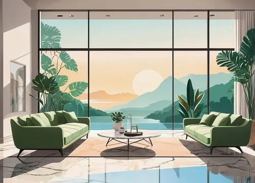 sunroom,living room,livingroom,modern living room,mid century modern,tropical greens,conservatory,background design,art deco background,background vector,modern decor,apartment lounge,cabana,tropical house,home landscape,palm tree vector,paradisus,big window,glass wall,resort,Illustration,Vector,Vector 01