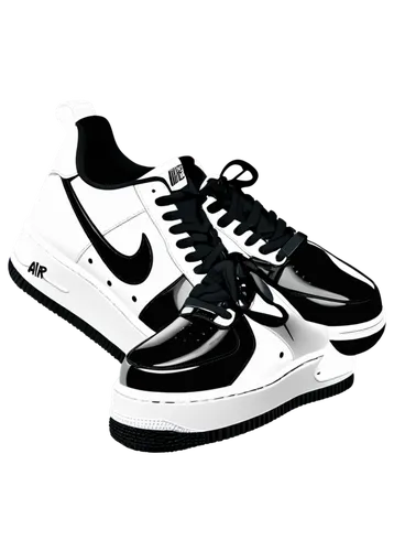 Air Force One sneakers, white leather, black swoosh logo, metallic lace tips, chunky sole, low-top design, laces tied in bow, slight crease on toe, soft box lighting, product photography, shallow dept