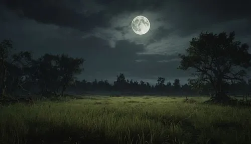 a close up of a field with a full moon in the sky, gloomy weather. hyperrealistic, storm in the evening, grassy plains, from the game pathologic 2, eery dead swamp setting, realistic grass, in a large