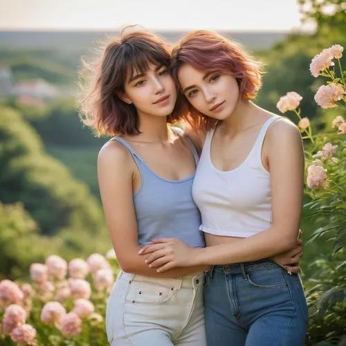 Two girls, curvy lesbians, embracing, intimate, tender moment, soft focus, warm lighting, pastel colors, gentle facial expressions, subtle blush, short hair, side swept bangs, minimal makeup, casual w