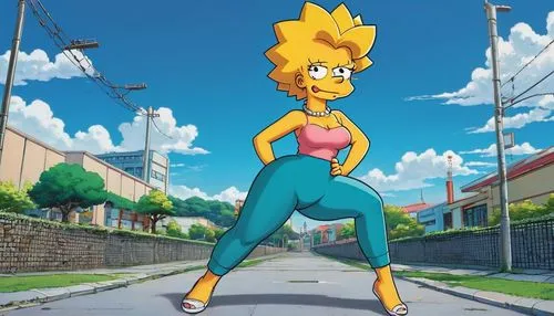 illustration cartoon, one character bombshell Lisa simpson stunning body, huge chest big hips, tattoos body clothes tshirt top and leggins tight, standing pose whole body, background schoolyard.,bart,