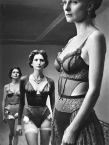 Sandra, Tina and Susan on the catwalk, presenting underwear,three women in lingerie standing around looking in different directions,negligees,1940 women,doisneau,feldshuh,schiaparelli,siodmak,Photogra