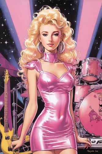 pink-blonde hair, Jem, pink, latex dress, photorealistic, pop singer in a band, feminine, sparkles, lip gloss, 1980s-style, animated series style,pink lady,lady rocks,marylyn monroe - female,rock musi