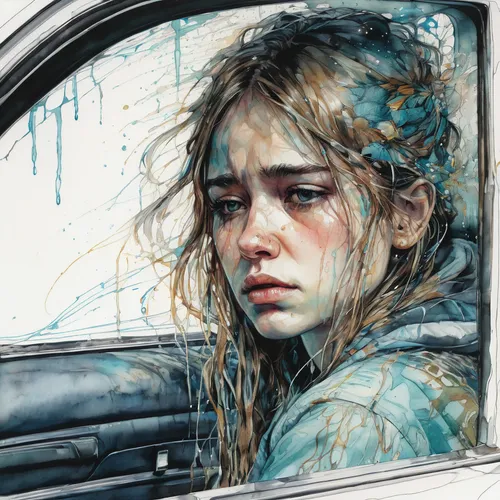 A girl sitting in a car with tears streaming down her face,girl washes the car,girl in car,girl and car,woman in the car,car drawing,drive,washes,car window,in the rain,detail shot,rainy,abandoned car