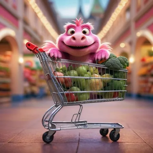 pinkdragon drive supermarket shopping cart in front of the building,an animated monster is sitting in the shopping cart filled with food,homegrocer,shopping icon,grocers,grocer,supermercados,shopping 