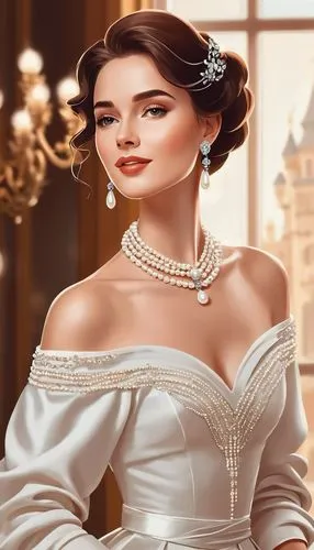 Glamour woman portrait, sophisticated styling, pearl jewelry, elegant pose, luxurious setting, portrait photography,an artistic painting of a woman in a white dress,bridal jewelry,bridewealth,wedding 