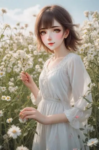 a cute, beautiful girl, the girl is picking flowers,girl in flowers,flower background,white cosmos,field of flowers,meadow play,garden white,blooming field,white blossom,beautiful girl with flowers,co