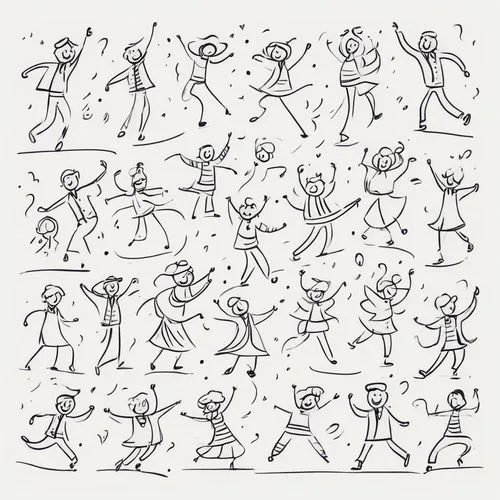 a sheet of white paper filled with doodles of simple, cheerful characters, drawn with a few lines and quick strokes. The characters are dancing in various dance positions, showing a variety of styles 