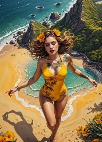 mujer bailando en la playa, traje de baño amarillo, tatuajes de flores, ojos amarillos detallados, labios naranjados, ,world digital painting,moana,hula,girl on the dune,beach background,sea beach-mar