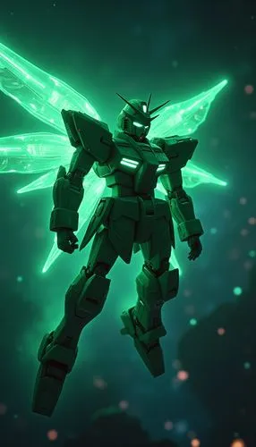 宇宙中飞翔的绿色的强袭高达,a futuristic green robot flies above a green background,skyfire,trypticon,thunderwing,cybertronian,ramjet,jetfire