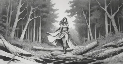 sketch, woman, forestry background, black and white,a woman in a white dress is standing in the woods,dryad,ballerina in the woods,mirkwood,dryads,alfheim,elven forest,thingol,the forest,forest backgr