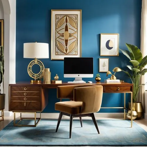 blue lamp,blue room,dark blue and gold,modern decor,credenza,mahdavi,blue painting,writing desk,mid century modern,danish room,contemporary decor,interior design,interior decor,royal blue,interior decoration,garrison,electric blue,mazarine blue,livingroom,modern room,Photography,General,Realistic