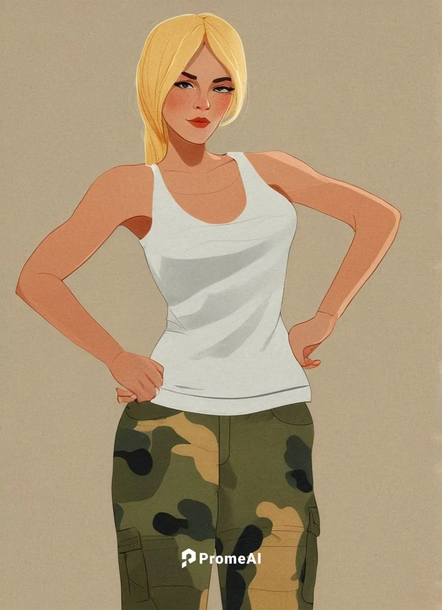 A female character - badass femme fatale, regular, better pose, best proportions, best position

Clothes: white tank top, olive green camouflage cargo pants
Hair colour: dark yellow golden blonde,carg