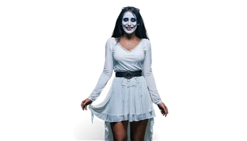 Spooky ghost, transparent body, glowing eyes, eerie smile, flowing white dress, tattered edges, chains wrapped around waist, misty aura, dark background, low-key lighting, 3/4 composition, shallow dep