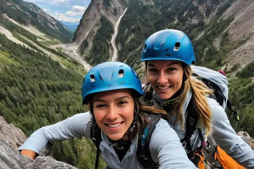 Describe a heartwarming moment of teamwork during a climbing expedition with a helmet.,sport climbing helmets,climbing helmets,women climber,sport climbing helmet,via ferrata,alpine climbing,climbing 