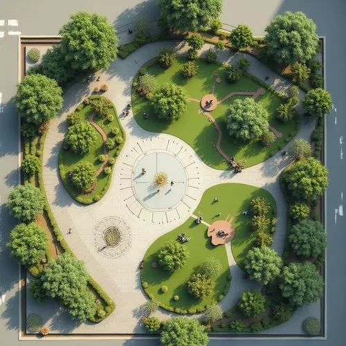 Aerial view of the landscape planning of the public rest square. The planned area is about 800 square meters, with less greening in the area. There are fitness areas, rest areas, various landscape ins