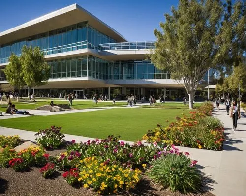 California Polytechnic State University Pomona campus, modern university building, ranked top 10, sleek glass facade, angular steel structure, lush greenery surroundings, vibrant flower beds, paved wa