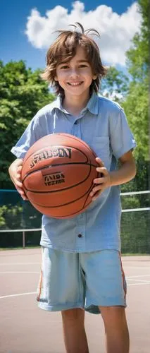 Aro, Shota, cute face, big eyes, bright smile, messy brown hair, small nose, casual wear, white shirt, blue shorts, sneakers, holding a basketball, standing, outdoor court, sunny day, clear sky, few f