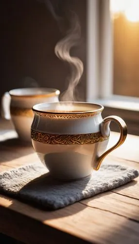 Ceramic mug, ornate handles, golden rim, delicate curves, morning sunlight, wooden table, warm lighting, cozy atmosphere, steam rising from hot coffee, subtle shadows, shallow depth of field, creamy w