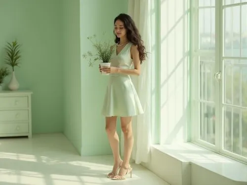 white winter dress,girl in white dress,giaimo,jasmine green tea,woman drinking coffee,window sill,white room,jasmine tea,cuppa,tea zen,girl in a long dress,white silk,white dress,windowsill,café au lait,woman holding a smartphone,white tea,cheongsam,hemline,green tea,Photography,General,Realistic