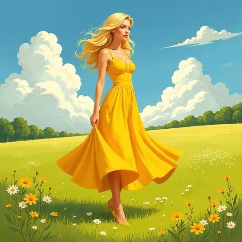 yellow rose background,yellow background,springtime background,spring background,little girl in wind,primavera,Illustration,American Style,American Style 01