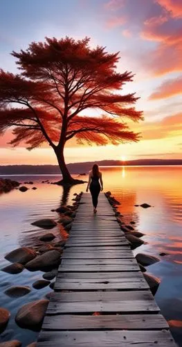 woman walking on wooden dock across lake at sunset,tranquility,wooden pier,landscape background,landscapes beautiful,calmness,tranquillity