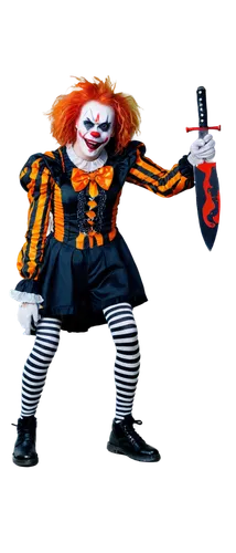 Scary clown, pale skin, red nose, evil grin, messy orange hair, black eyeliner, white face paint, colorful costume, oversized shoes, holding a fake knife, leaning forward, dramatic spotlight, 3/4 comp