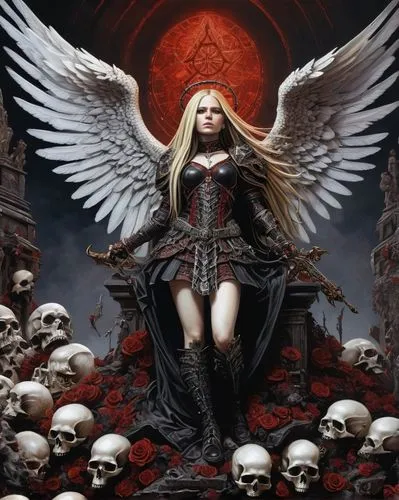 a statue of Avril Lavigne as a angel on top of a pile of skulls, an ultrafine detailed painting, inspired by Ian Miller, zbrush central contest winner, gothic art, black and reddish color armor, full 