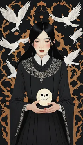 Create a suspenseful moment where Xie Lian uncovers a dark secret about the Ghost King.,crow queen,mourning swan,matsutake,goth woman,murder of crows,black bird,shinigami,doves of peace,dove of peace,