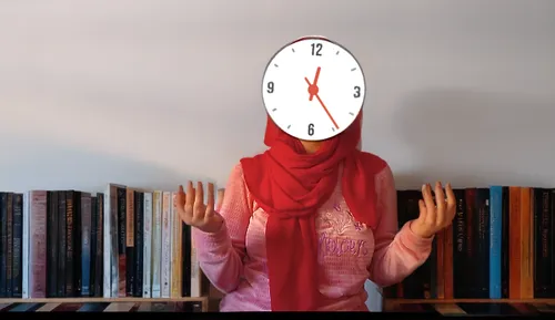 I want a bookshelf on the right and an art painting on the left,hijaber,hijab,time pointing,i̇mam bayıldı,hanging clock,clock hands,open-face watch,wall clock,time pressure,clock,red background,time d