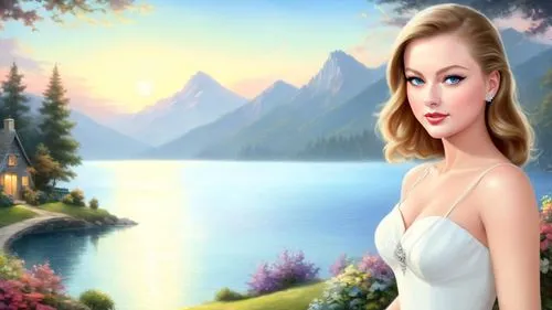 hadise,dalida,celtic woman,landscape background,the blonde in the river,cartoon video game background