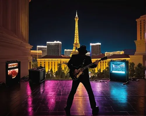 Las Vegas cityscape, neon lights, night scene, dark alleys, casino buildings, bright billboards, crowded streets, rock concert, AC/DC band performance, Angus Young, Brian Johnson, loud guitars, drum s