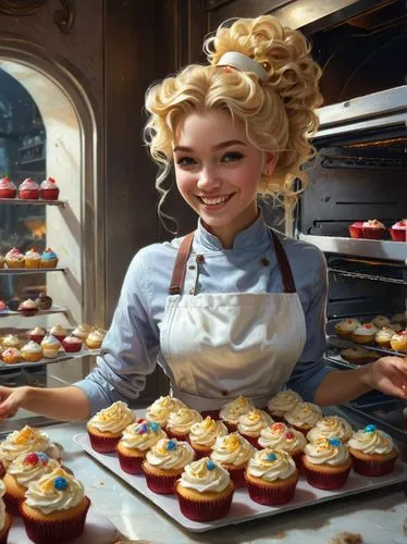 sufganiyah,cupcakes,bakery,muffins,confectioner,girl in the kitchen,pastry chef,sweet rolls,thirteen desserts,zeppole,pastry shop,bombolone,queen of puddings,cupcake,sweet pastries,pastries,waitress,pâtisserie,baking cookies,baking,Illustration,Realistic Fantasy,Realistic Fantasy 03