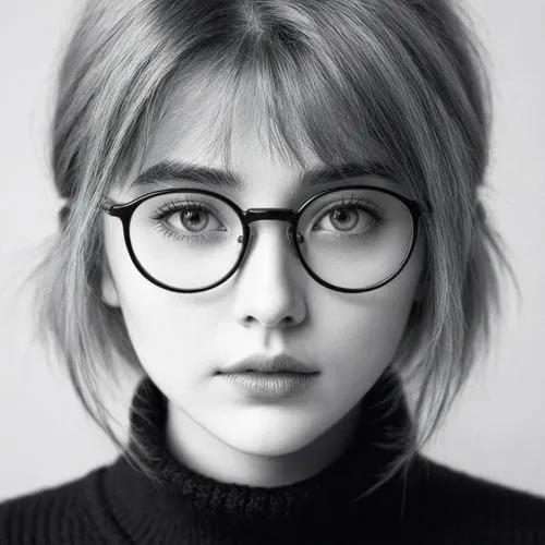 女生，黑白，眼镜，黑色毛衣,a woman wearing glasses standing in front of a white wall,glasses,with glasses,silver framed glasses,jingna,spectacles,grebenkina,Illustration,Black and White,Black and White 13