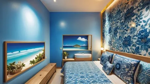 blue room,wallcoverings,interior decoration,sleeping room,wallpapering,staterooms,Photography,General,Realistic