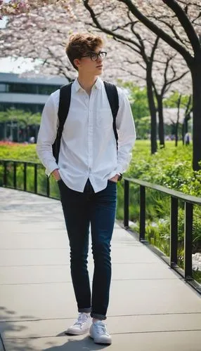 Young adult, male, intern, landscape architecture, casual wear, jeans, white shirt, sneakers, backpack, standing, outdoor, park, trees, flowers, pond, walking path, urban planning, greenery, modern ar