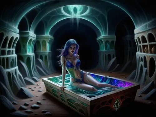 Passion Sexy Painting ,Naked Woman  Abstract Body Art Oil Painting,a girl in a bikini is sitting in a large pool,fantasy picture,fantasy art,blue enchantress,water nymph,mermaid background,wadjet,Illu