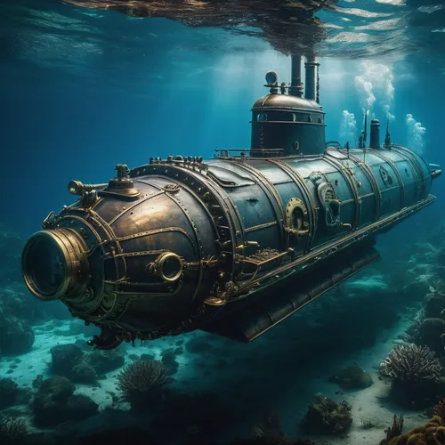 Steam-powered exotic submarine in the Victorian era at the bottom of the sea
,submersible,semi-submersible,deep-submergence rescue vehicle,deep sea diving,underwater diving,ballistic missile submarine