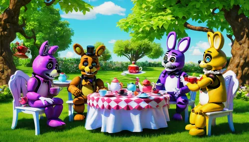 Create a cute FNAF pic featuring the animatronics having a tea party in a sunny garden.,easter brunch,family picnic,easter theme,easter rabbits,easter background,easter celebration,picnic,garden party