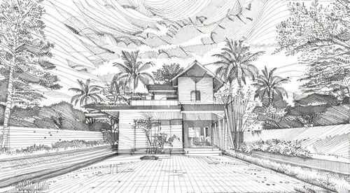 landscape design sydney,garden design sydney,house drawing,wireframe graphics,tropical house,3d rendering,garden elevation,residential house,virtual landscape,landscape designers sydney,holiday villa,home landscape,build by mirza golam pir,large home,wireframe,architect plan,hacienda,bungalow,mansion,asian architecture,Design Sketch,Design Sketch,Hand-drawn Line Art