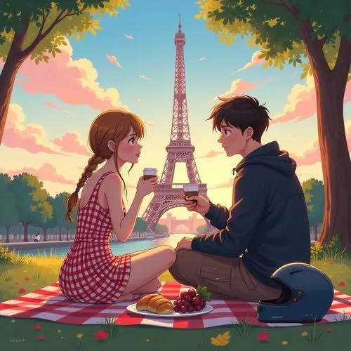 romantic scene,picnic,french valentine,eiffel,romantique,cute cartoon image