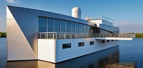 Modern two-storey building stylized in the form of a ship and river liner. Metal, glass, panels. Colors gray, white. Bright sun, contrast. High detail, photorealism, quality 8K,autostadt wolfsburg,nor