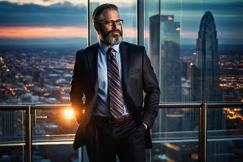 middle-aged man, mature, suit, tie, glasses, beard, briefcase, standing, posing, confident, modern skyscraper, glass walls, steel frames, cityscape, sunset, warm lighting, 3/4 composition, shallow dep